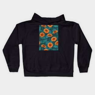 Orange Zinnia flowers,  blue leaves on dark blue Kids Hoodie